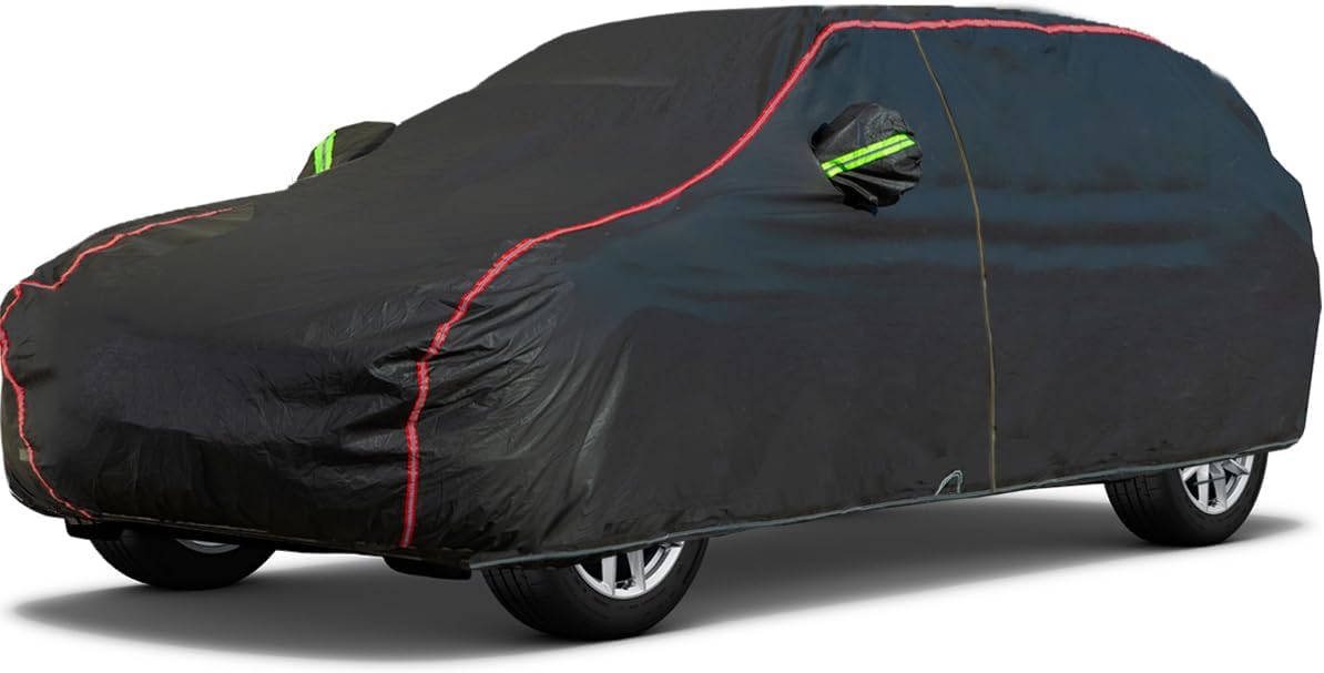 AUQDD 6-Layers PEVA New Material Sedan SUV Full Padded Car Cover Waterproof All Weather Weatherproof UV Sun Protection Snow Dust Storm Resistant Outdoor Exterior Custom Form-Fit Straps 205"-216" Black
