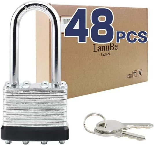 LanuBe Lock Laminated keyed Padlock (1-9/16", 40mm), keyed Alike Locks, Long Shackle,Marked Black Plastic Hoop, Pack of 48