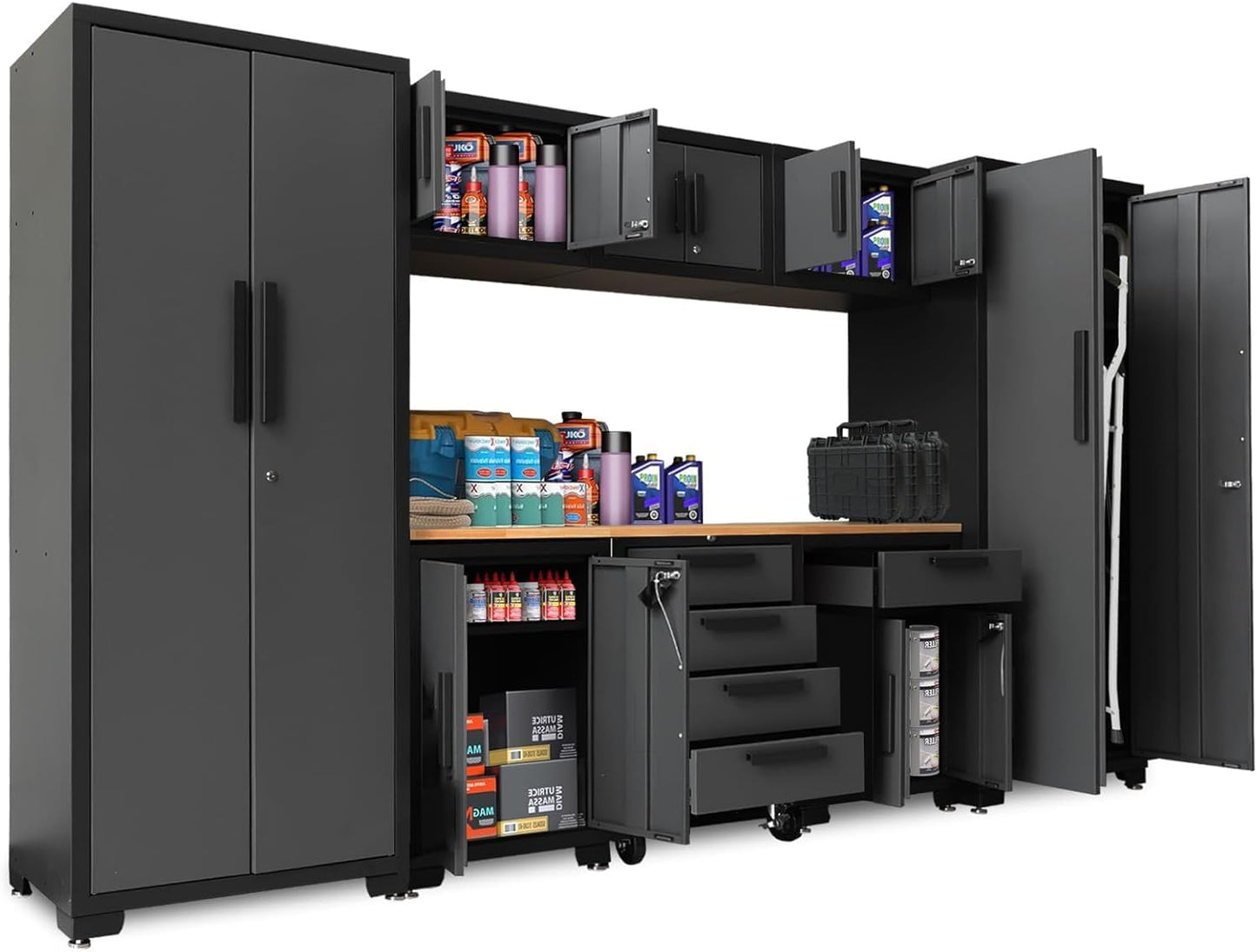Torin Garage Cabinets Storage System, 9 Piece Included Steel Drawers Rolling Chest,Locked Storage Cabinet, Perfect for Organizing Garage and Tools, Black/Grey