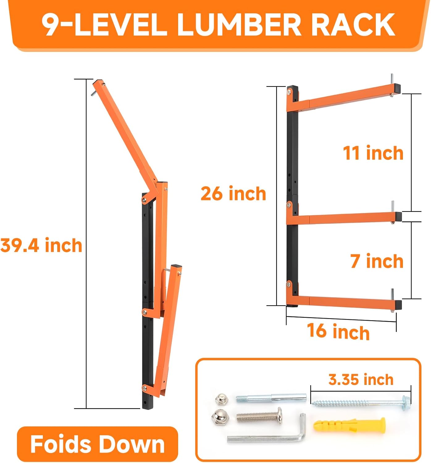 6 Pack Lumber Rack Wall Mount, Heavy Duty Wood Storage Racks, 9-Level System Organizer Shelving, 1080 LBS Capacity Hanging Garage Shelves, Orange Brackets Utility Metal Shelf for Indoor and Outdoor