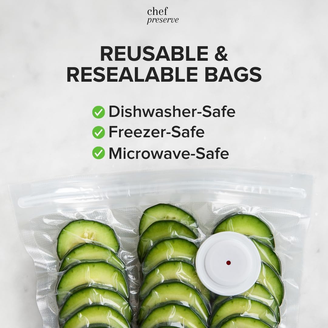 Chef Preserve Reusable Vacuum Sealer Bags for Food – 30 BPA-Free Large (12 x 13 in) Food Storage Bags, Freezer, Microwave – Odor-Resistant, Leak-Proof – Compatible with Chef Preserve Vacuum Sealers