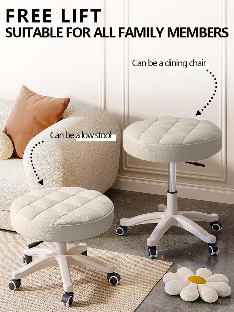 Small Chair Round Rolling Stool with Wheels PU Leather Height Adjustable Swivel Drafting Work SPA Salon Stools Home Office Chair
