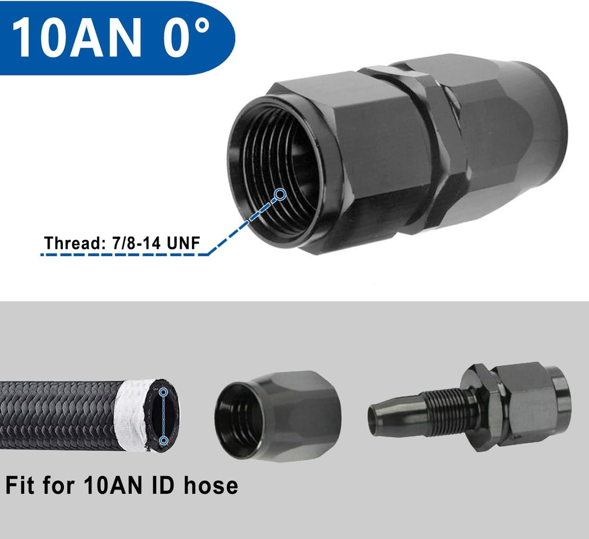 LokoCar 10AN Hose End Fitting 0° Straight Swivel For CPE Braided Hose Black 2Pcs