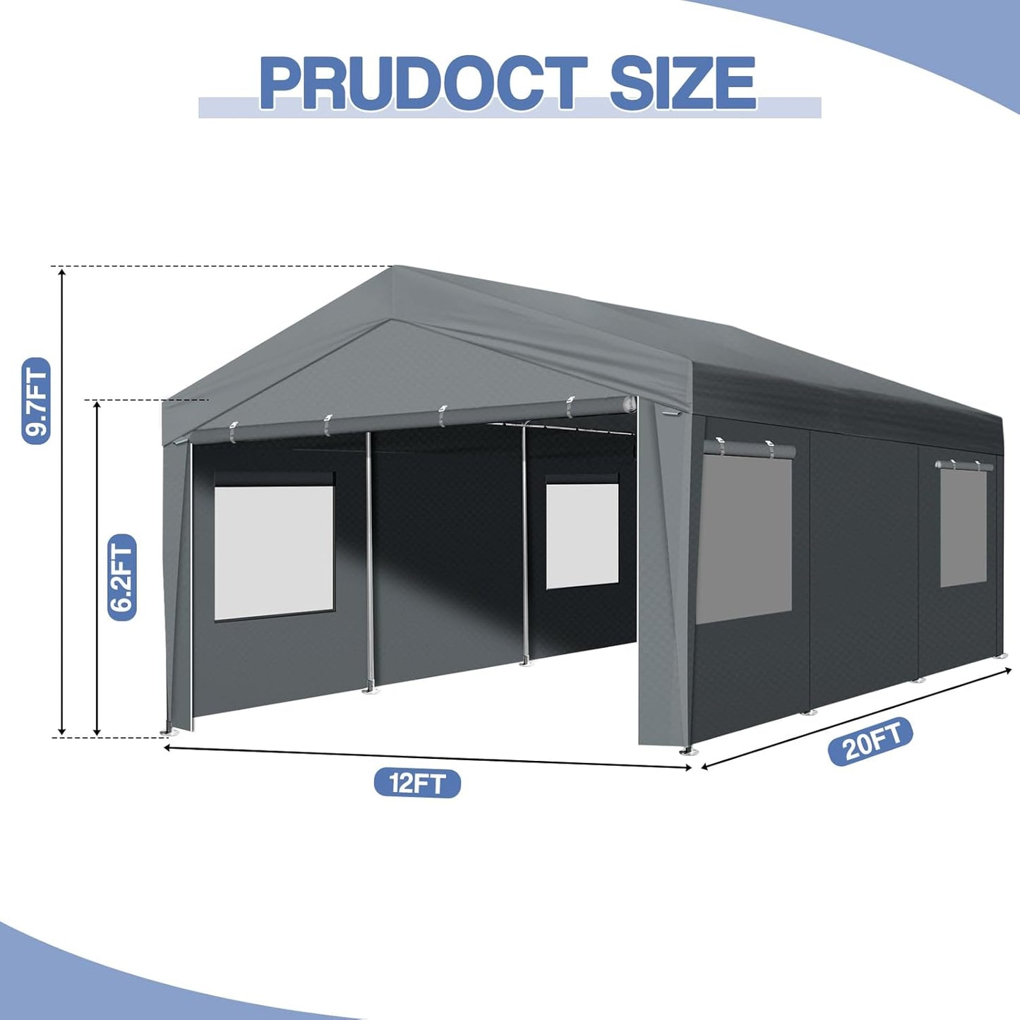 VINGLI 12 x 20 ft Outdoor Portable Storage Shed, Heavy Duty Bike Tent with Roll-up Zipper Door & Windows, Waterproof and UV Resistent Carport for Motorcycle, Garden Tools and Firewood