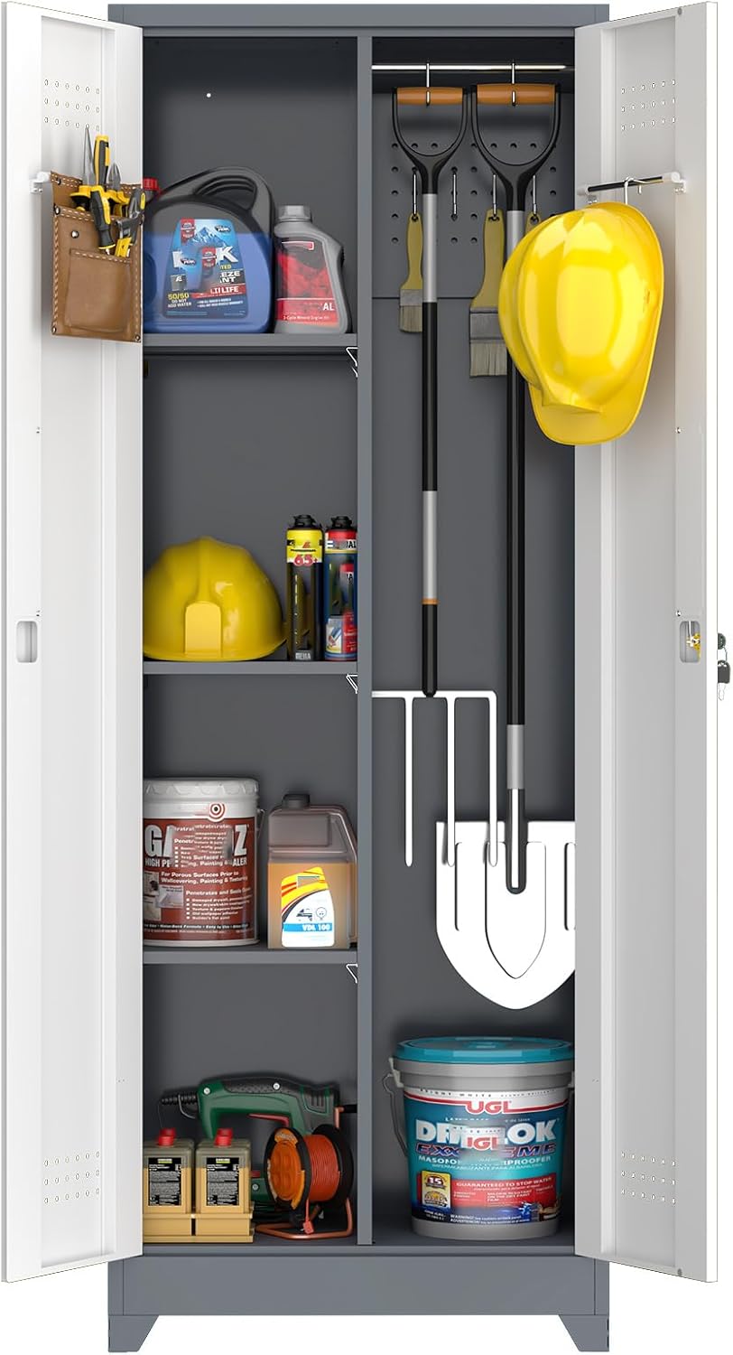 Metal Cabinets with Doors and Adjustable Shelves, 65" H Lockable Storage Cabinet, Grey-White Utility Cabinet for Brooms and Mops for Home,Kitchen,Garage