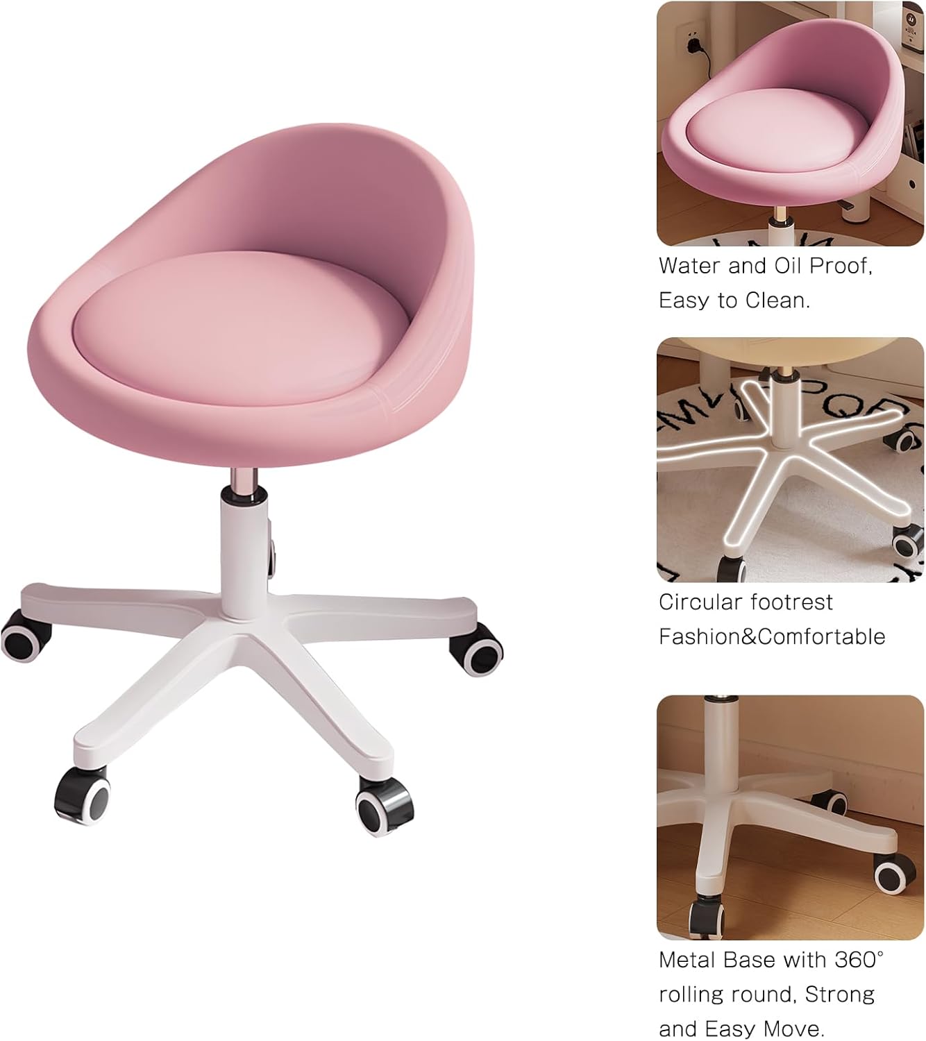 Rolling Stool Set of 4 Rolling Hydraulic Salon Stool with Low Backrest - Adjustable Swivel Chair for SPA, Shop, Salon, Massage, or Medical Office Pink