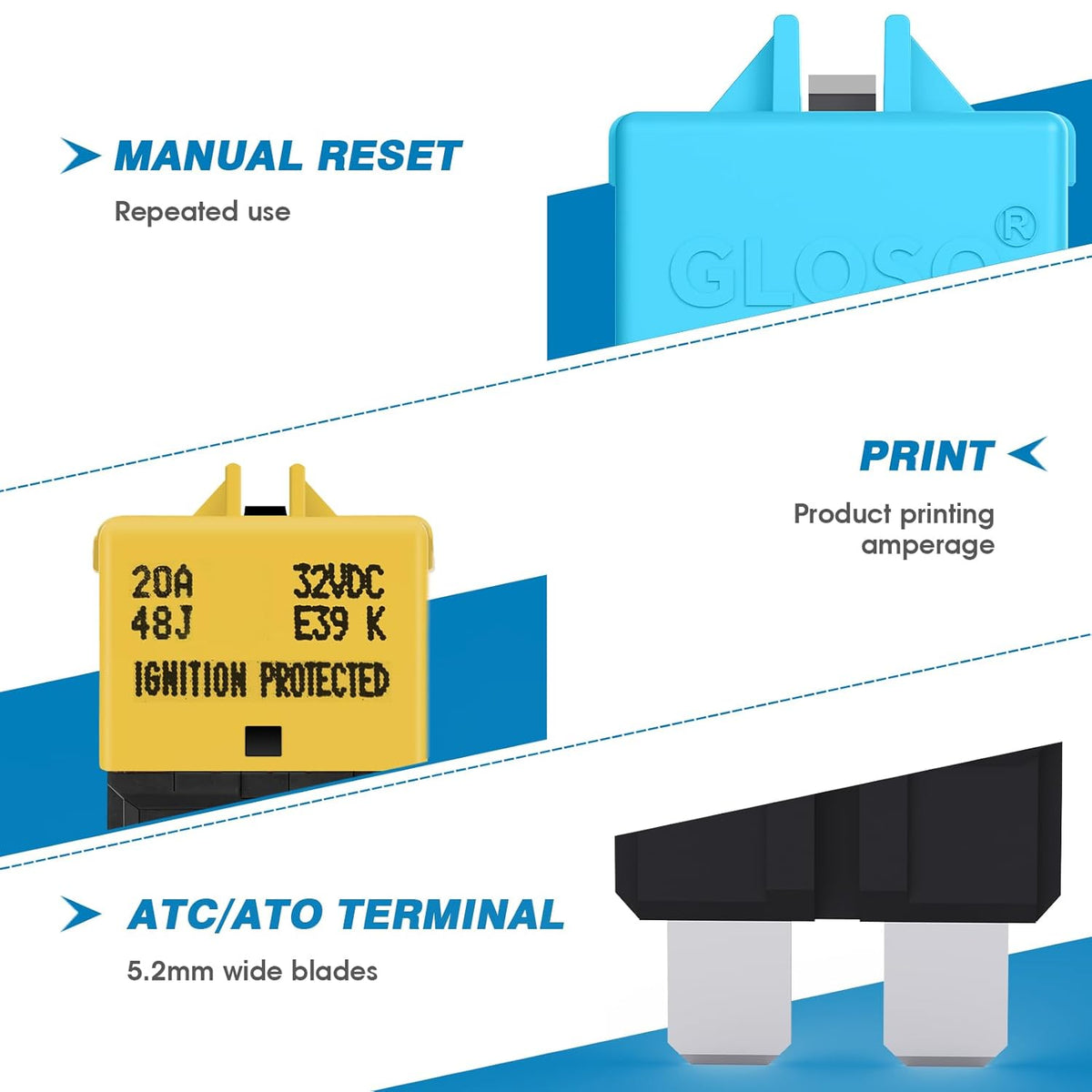 GLOSO Circuit Breaker E39 (T3) Manual Reset Fuse for Car Truck RV Automotive Marine Boat Trolling Motor & Custom Wiring Audio Battery Protection/Low Profile ATC/ATO (5A - 3 Pack)