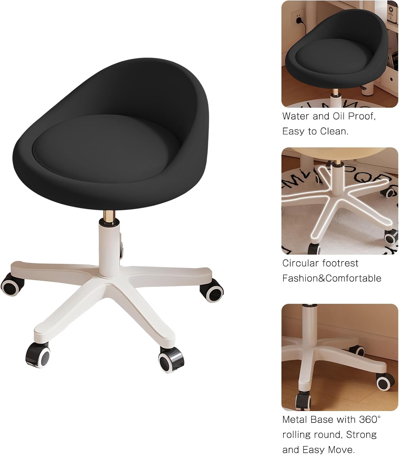Rolling Stool Set of 2 Rolling Hydraulic Salon Stool with Low Backrest - Adjustable Swivel Chair for SPA, Shop, Salon, Massage, or Medical Office Black