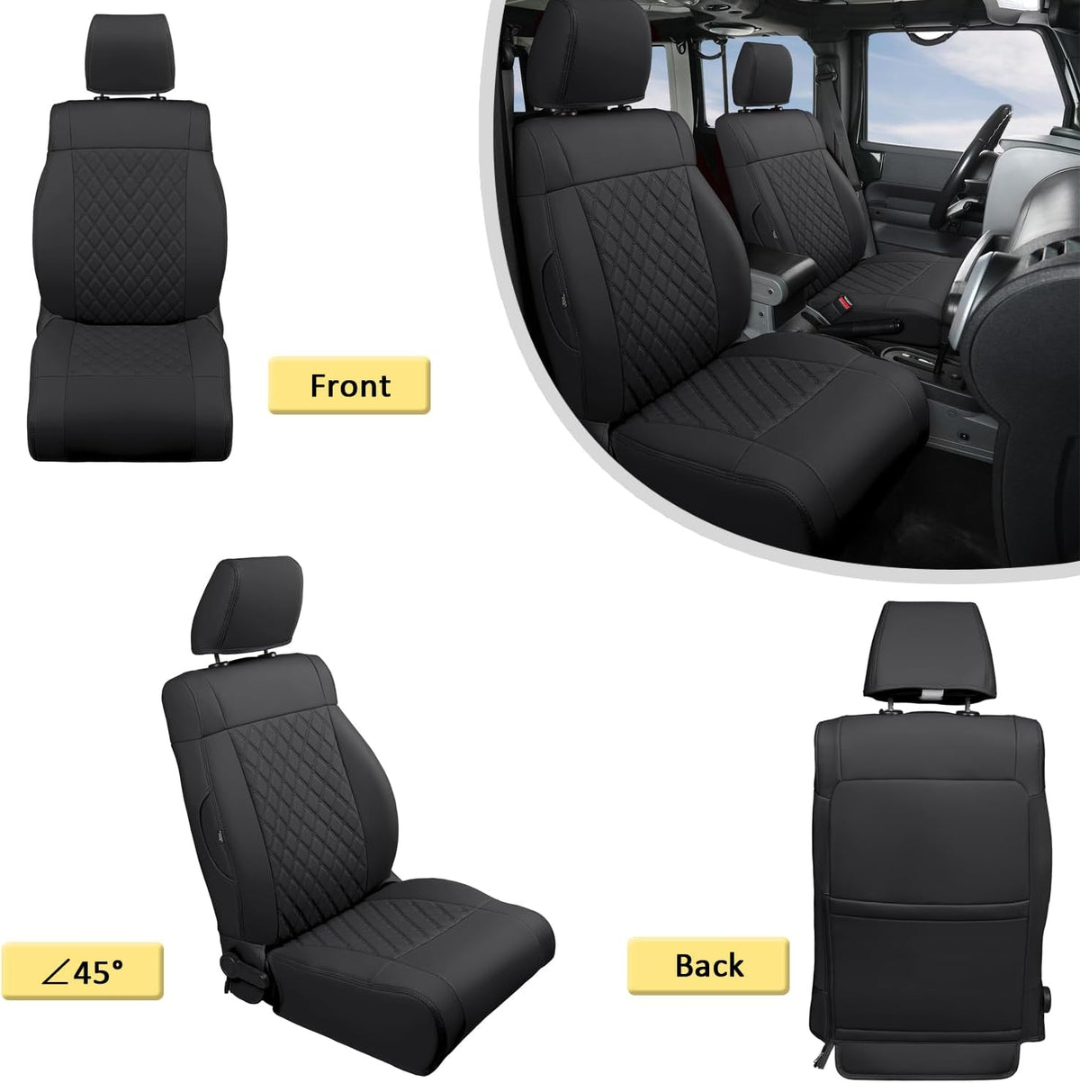 GIANT PANDA Customized Full Set Car Seat Covers for Jeep Wrangler 4 Door JK Unlimited Sahara Sport Rubicon X 2008 2009 2010, Faux Leather - (Black)