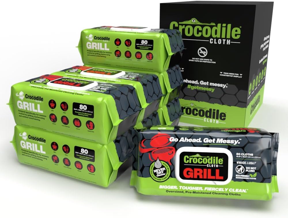 Crocodile Cloth Grill - 8 pack. 640 (15" x 10") Plant-based Cleaning Wipes. Safe on Skin & Multiple Surfaces. Infused with Aloe & Vitamin E. Large, Pre-Moistened & Absorbent.
