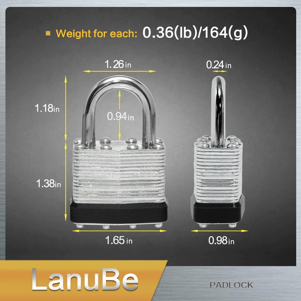 LanuBe Lock Laminated keyed padlock1-9/16 inch, keyed Alike Locks, Normal Shackle,Marked Black Plastic Hoop, Pack of 120