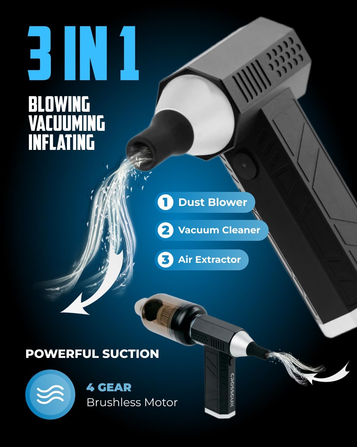 Portable Car Vacuum Cleaner “CrossClean 2-in-1 Vacuum & Air Blower | 120W High-Power | 8 Attachments | 12V Rated Voltage | Cordless, Lightweight & Rechargeable via Type-C Cable
