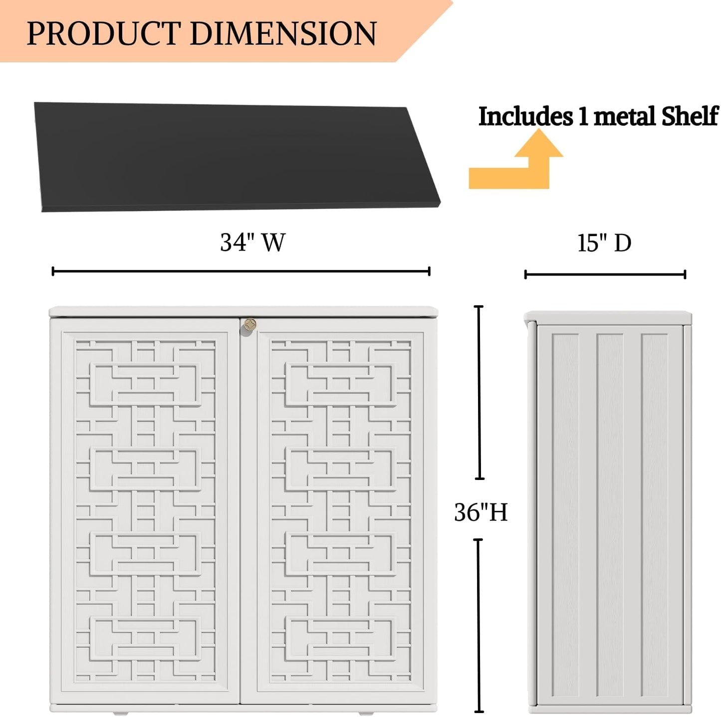 ZZM HDPE Outdoor Storage Shed, Outdoor Plastic Storage Cabinet, Horizontal Resin Tool Shed for Garden, All Weather Outdoor Storage Clearance, DIY Usage, with one Shelf (White)
