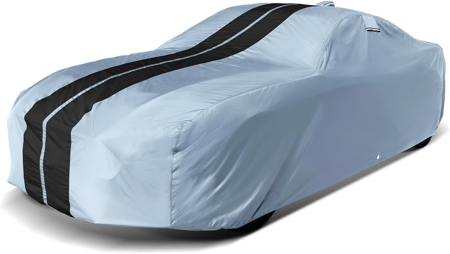 iCarCover Custom Car Cover for Pontiac Ventura II (1971-1977) Waterproof All-Weather Rain Snow UV Sun Protector Full Exterior Indoor Outdoor Car Cover (Stripe - Gray/Black)