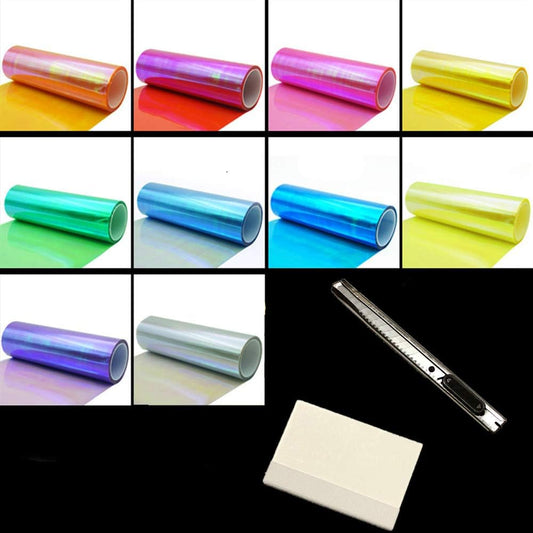 LED LIGHT 12 by 48 inches Self Adhesive Shiny Chameleon Headlights Tail Lights Fog Lights Films,Film Sheet Sticker,Tint Vinyl Film with Gift Knife and Hand Tool (Purple)