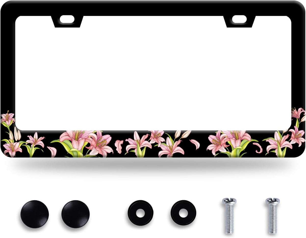 Pink Lily License Plate Frame Beautiful Floral Flower License Plate Stainless Steel Funny License Plate Decorative with Screws Size 12.3" x 6.3" Men Women