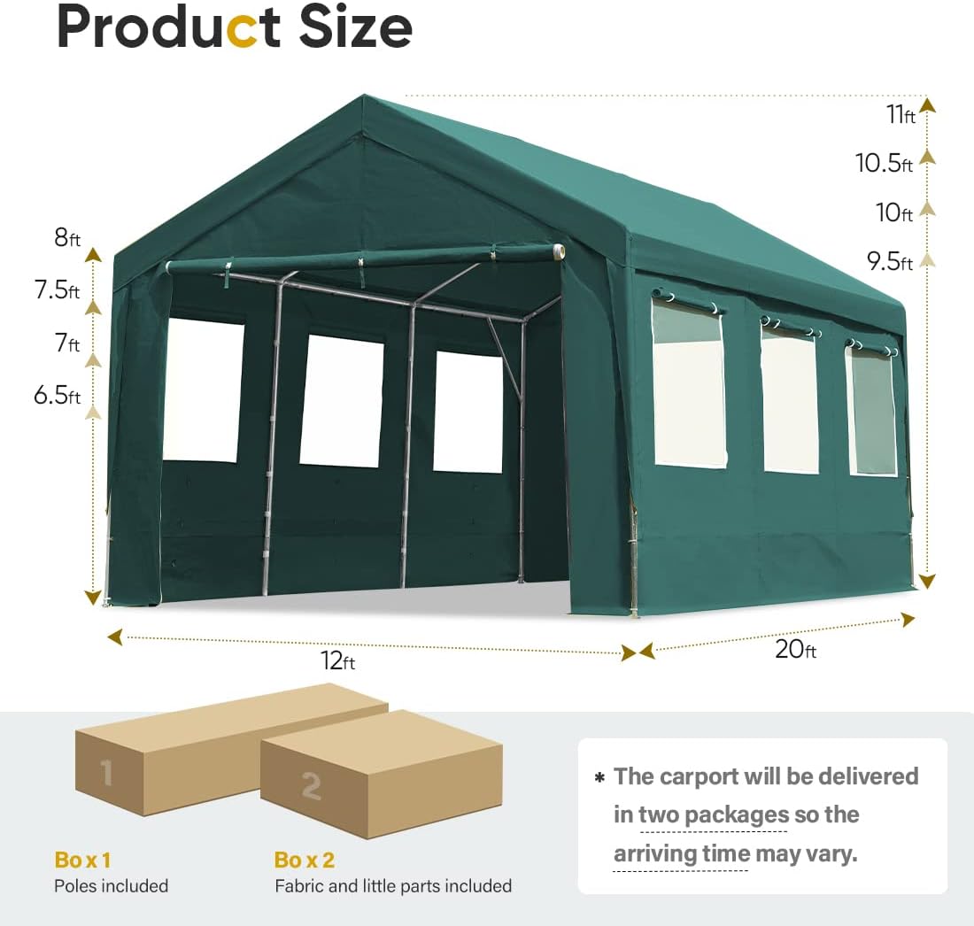 ADVANCE OUTDOOR 12x20 ft Car Canopy Garage Heavy Duty Carport Boat Shelter Party Tent, Adjustable Peak Height from 9.5ft to 11ft, with Removable Window Sidewalls and Doors, Green