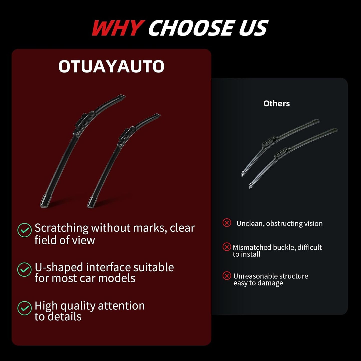 OTUAYAUTO Premium Windshield Wiper Blades - Replacement for Volkswagen VW Golf 15-21, E-Golf 15-20, GTI 15-21, All-Weather Performance, Front and Rear Wiper Blades, Top Lock - 26"+18"+11" (Pack of 3)