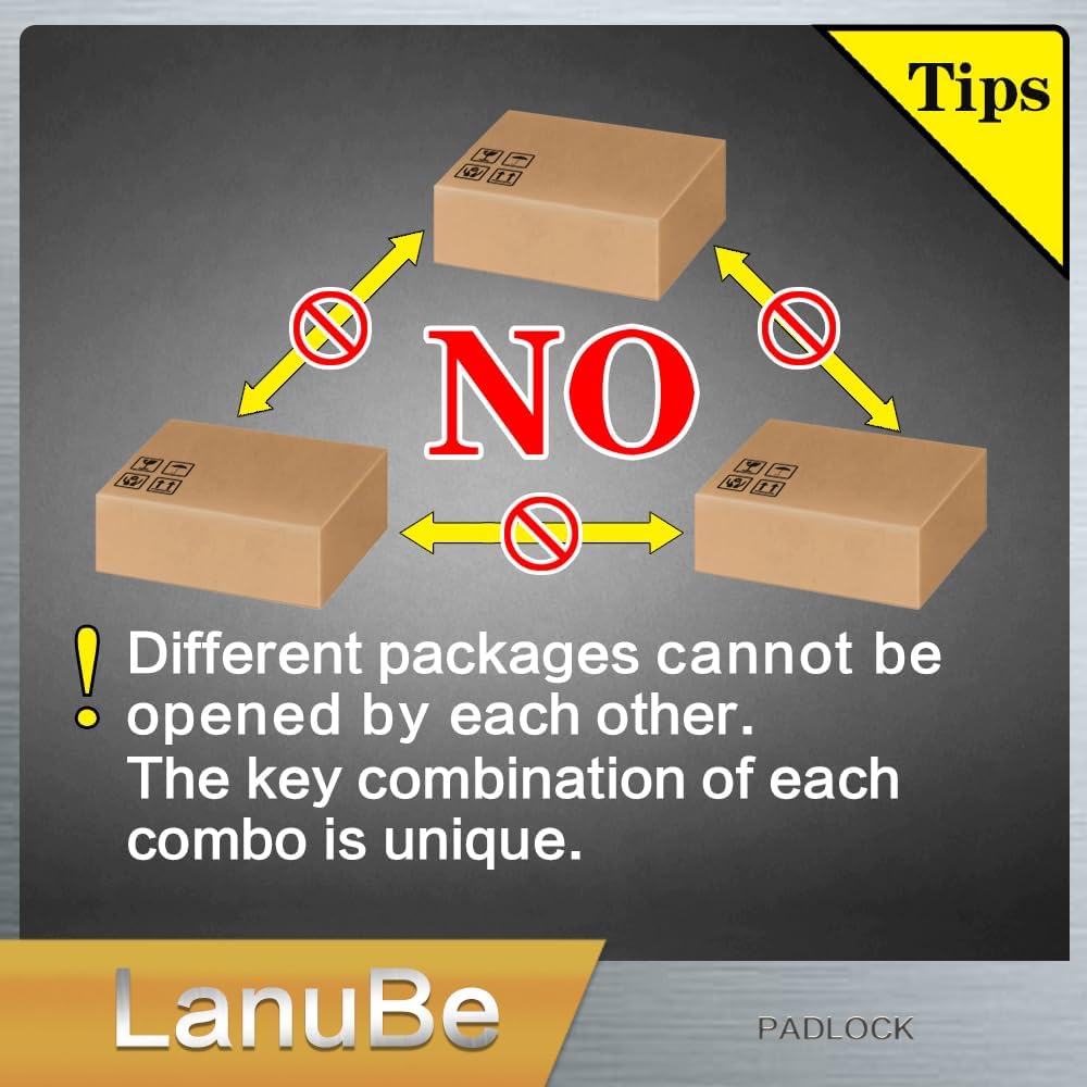 LanuBe Lock Laminated keyed Padlock (1-9/16", 40mm), keyed Alike Locks, Long Shackle,Marked Black Plastic Hoop, Pack of 6