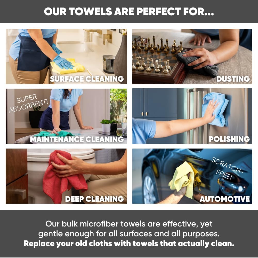 Bulk 16" x 16" All Purpose Microfiber Towels Wholesale - Case Quantity (200 Count) | Large | No Fraying | High Density Microfiber | Zero Chemical Cleaner | Long-Lasting (Red)