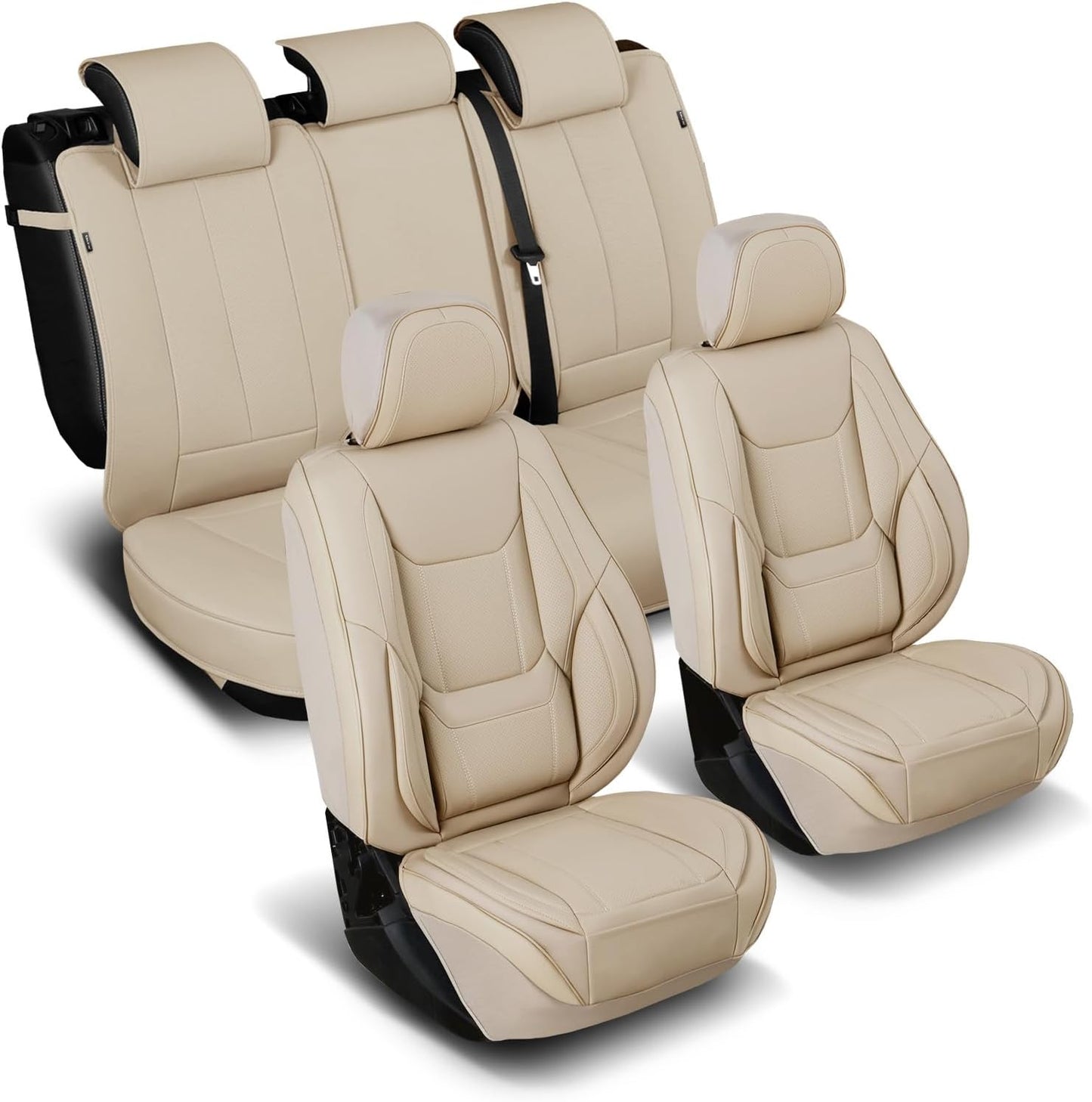 Coverland Custom Car Seat Covers Compatible with 2019-2025 RAM 1500 Quad Cab - Premium Leather Non-Slip Memory Foam Waterproof Cover Interior Protector Full Set-Beige [See Size Chart-Size X123]