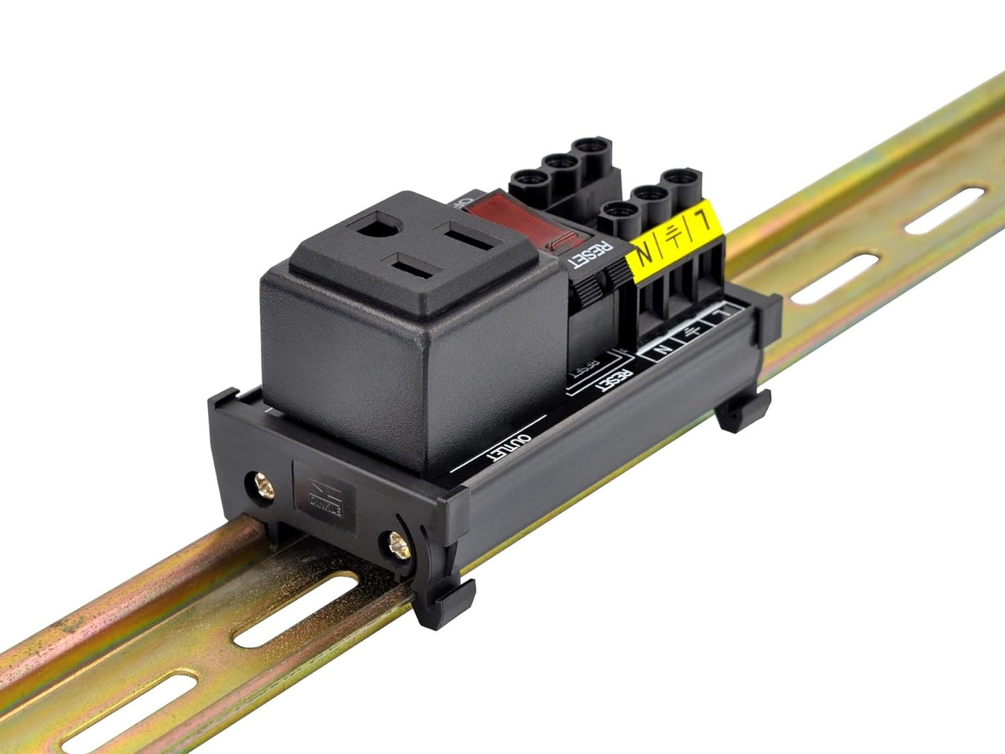 DIN Rail Mount AC 120V NEMA 5-15R Single Receptacle Outlet Power Strip Module, with Rocker Switch Thermal Circuit Breaker Overload Protector