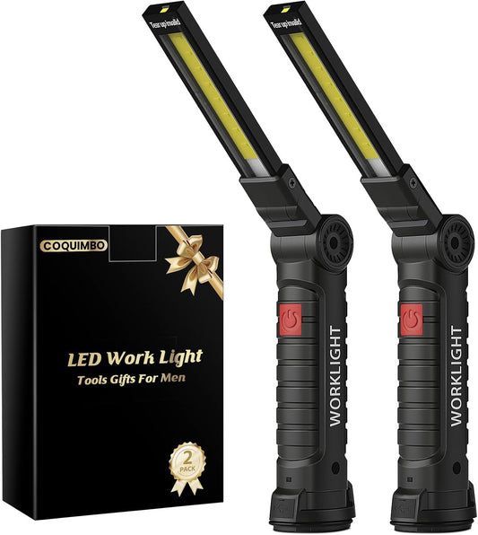 Coquimbo Tool Gifts for Men Dad Him Husband, Rechargeable LED Work Light BBQ Grill Light Accessories with Magnetic Base, 360° Rotate Mechanic Flashlight Stocking Stuffers for Men Adults (2 Pack Black)