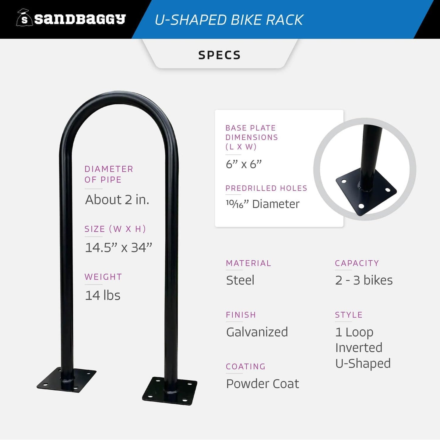 Sandbaggy U Shaped Bike Rack - Outdoor, Commercial - Galvanized Steel - Surface/Ground Mounted (10, Gray)