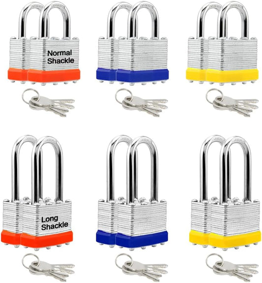 Lanube Lock 12-Pack Laminated Keyed Padlock Set 3 Colors, 2 Short 2 Long Shackles per Color,The Same Color and Shackles Combination. Open with The Same Key.6 Independent Combinations.