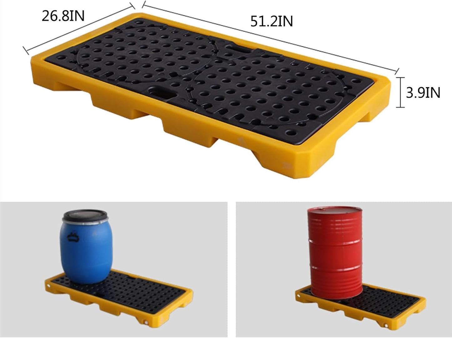 Drum Containment Spill Pallet, Industrial Nestable Oil Drums Leak-Proof Tray, Garage Storage Detachable Anti Slip Polyethylene Platform with Drain (Color : Yellow-1 Pack, Size : 51.2"x26.8"x