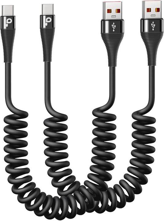 PRAKIE USB C Cable Fast Charging 5FT, Coiled USB A to USB C Cable for Car, Type C Charge Cord USB-C Charging Cable Compatible with iPhone 16/15/Samsung Galaxy S20 and More USB C Devices-Black 2Pack