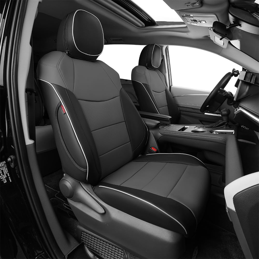EKR Sienna Seat Covers for 2021-2025 Toyota Sienna XLE,XSE,Limited,Platinum,7 Seats,2nd Row Captain Chairs W/NO Legrest,Seat Covers Full Set for Cars,Car Seat Protectors-Leather(Black/Gray)