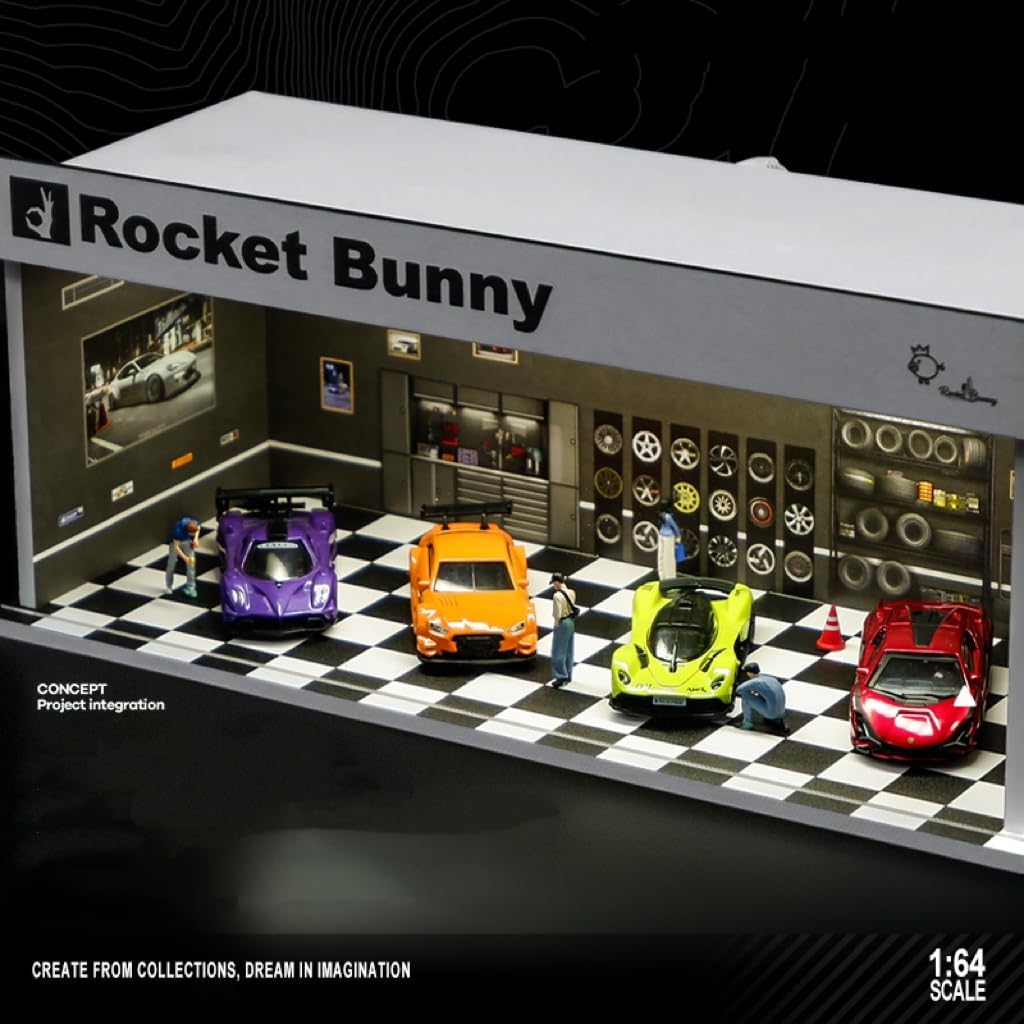Display Case for Hot Wheels: Stackable Parking Garage for 1/64 Scale Matchbox Toy Car, FoamBoard Storage for Monster Trucks with LED Light and Acrylic Cover, 2025 Upgraded Rocket Bunny