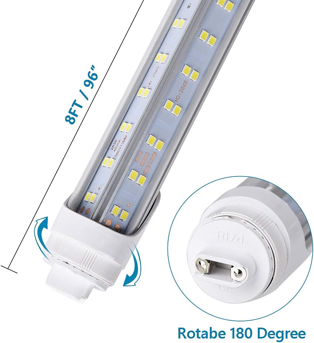 R17D/HO 8FT LED Bulbs - (10 Pack) Rotate V Shape, 6000K Cold White 120W, 18000LM, 300W Equivalent F96T12/DW/HO, Clear Cover, T8/T10/T12 Replacement, Dual-End Powered, Ballast Bypass