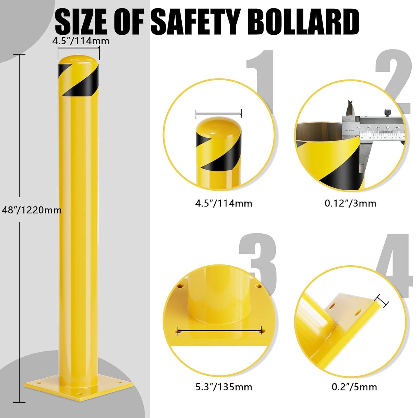 Safety Bollards, 48 inch Height Bollard Post, Yellow Powder Coated Safety Parking Barrier Post with 8 Anchor Bolts, for Traffic Sensitive Areas (48inch 6Pack)