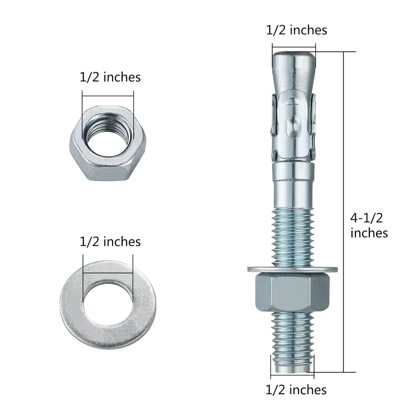 1/2x4-1/2" 10Pcs Inch Standard Fasteners for Heavy-Duty Zinc Wedge Anchors for Cement and Concrete