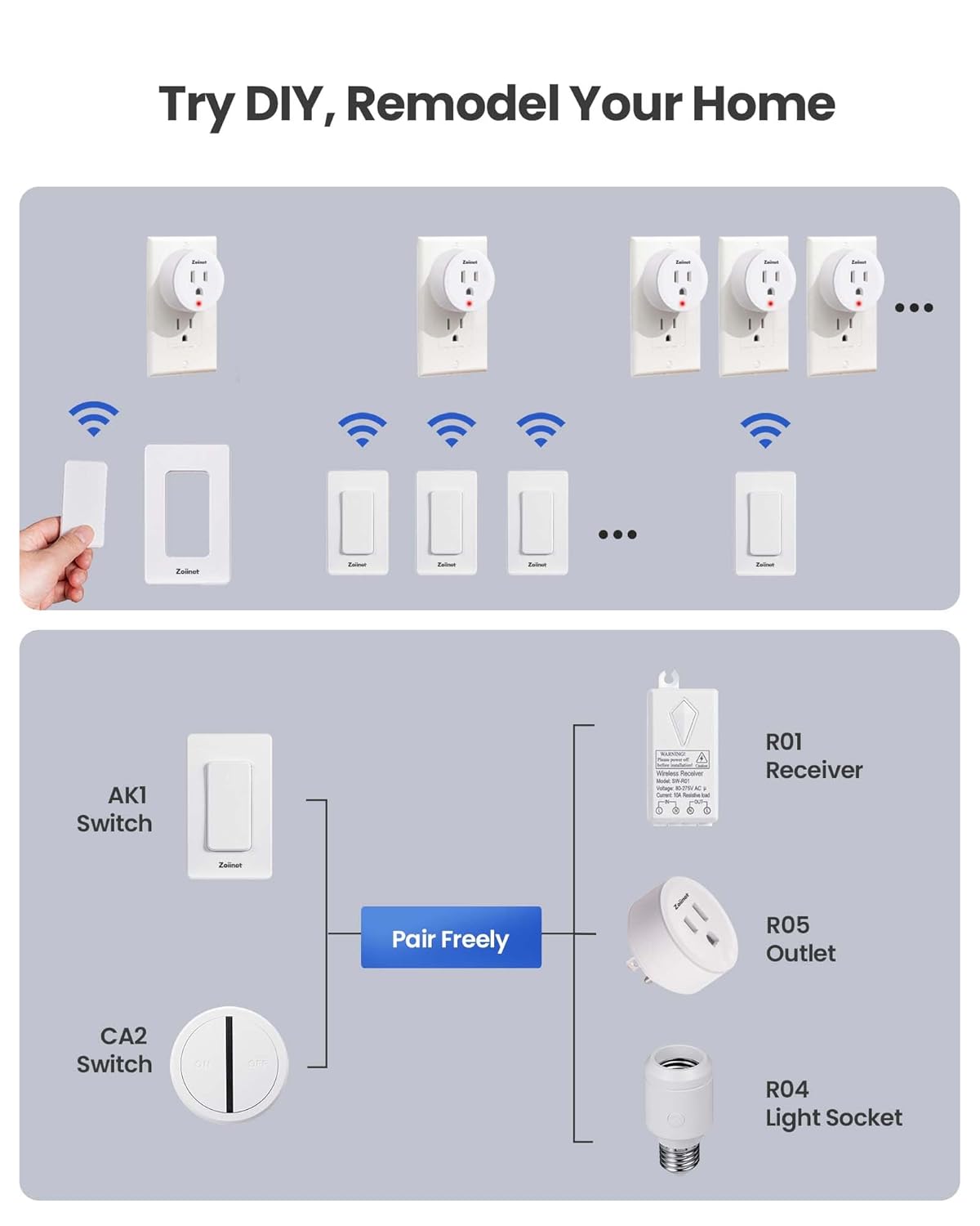 Remote Control Outlet Plug with 2 Switches, Buckle Design & Removable Wireless Light Switch, No Wiring Needed, 300 ft, 15A/1500W, Programmable, for Household Appliances