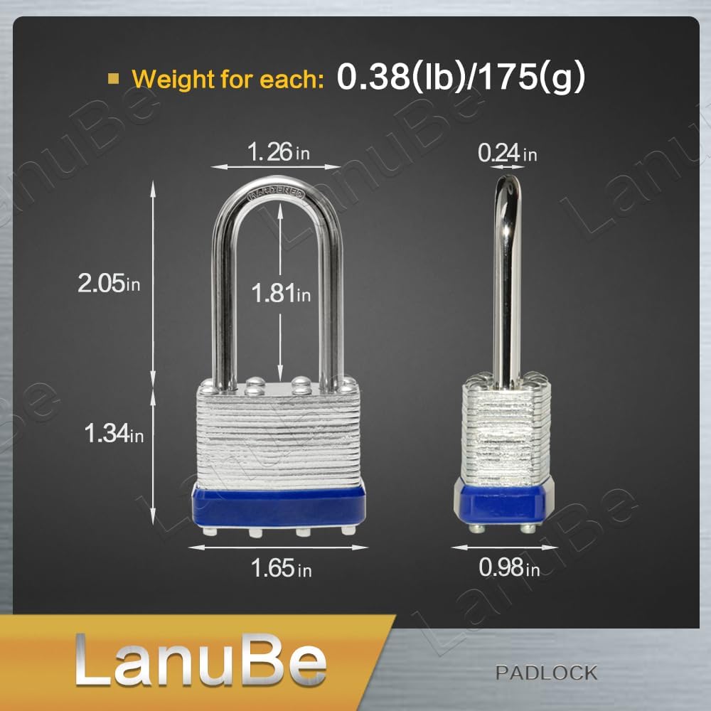LanuBe Laminated Padlock 1-9/16inch (40mm) Long Shackle 2 Pack Keyed Alike, Blue Plastic Hoop, Bulk Locks for Warehouse, School