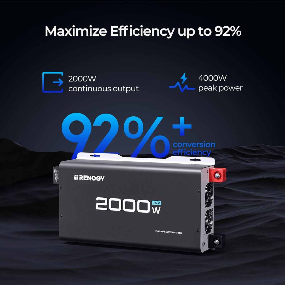 Renogy 2000W 24V Pure Sine Wave Inverter, 4000W Peak Power, 92% Energy Efficiency, with 2 AC Outputs, Remote Control, RV Truck Marine Camping