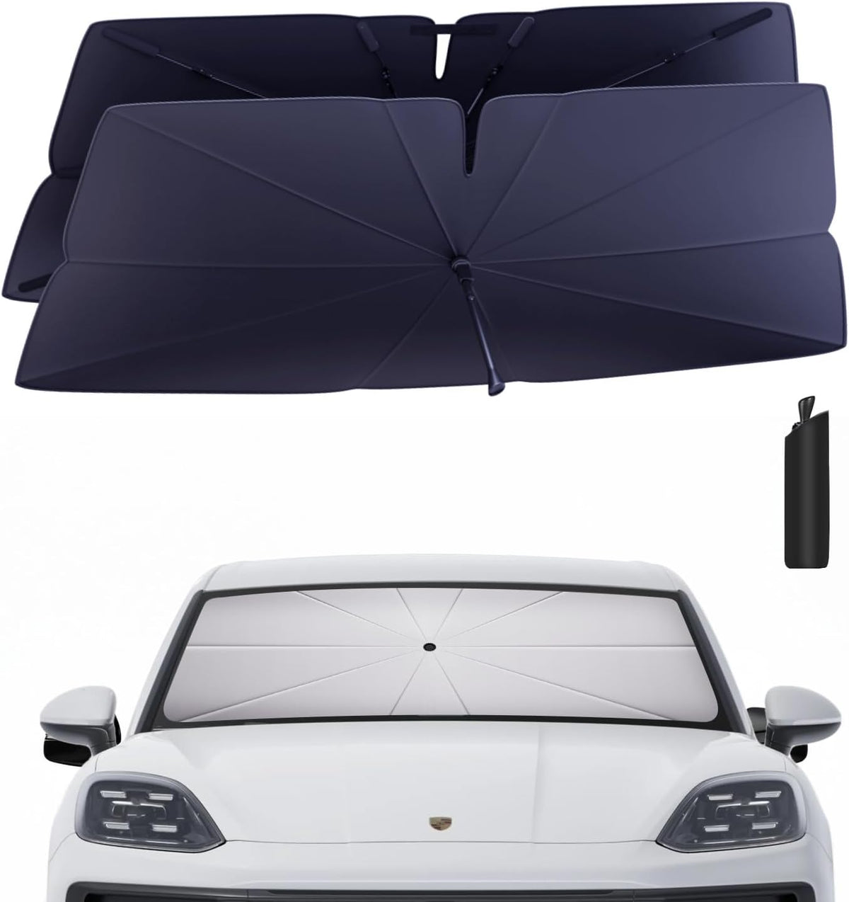 Windshield Sun Shade Umbrella for 2019-2025 Porsche Cayenne Accessories: Custom Fit 240T Silver, Double Thickened Foldable Sunshade Window Sun Visor, Ultimate 99% UV Blocking for Base/S/GTS/Turbo