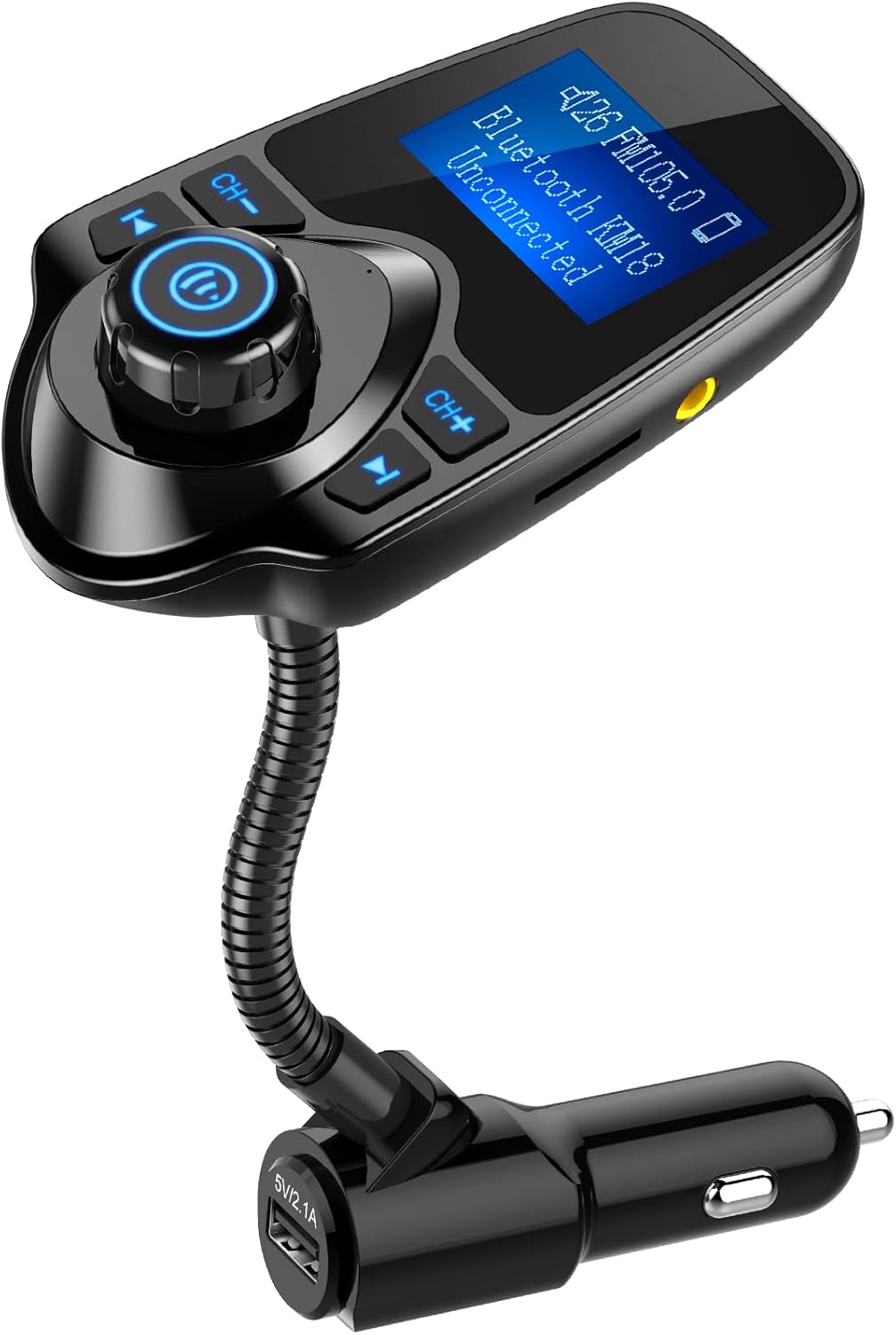 Nulaxy Car Bluetooth FM Transmitter [2024 Upgraded], 1.44" Display Flexible Gooseneck, Handsfree Call Wireless Music Stereo Audio Player Radio Adapter Car Kit USB Phone Charger, TF SD Card AUX-KM18