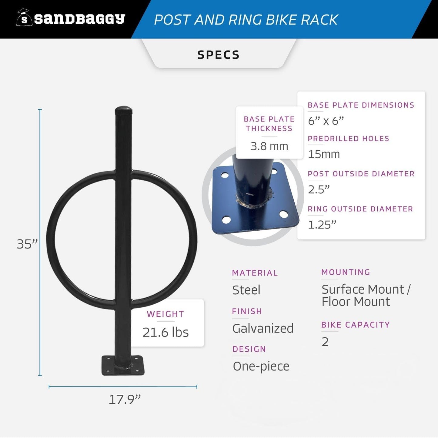 Sandbaggy Post and Ring Bike Rack - Commercial Bike Racks - Galvanized Steel - Anti-Theft Design - In Ground, Apartments, Sidewalks, Industrial (Green, 10)