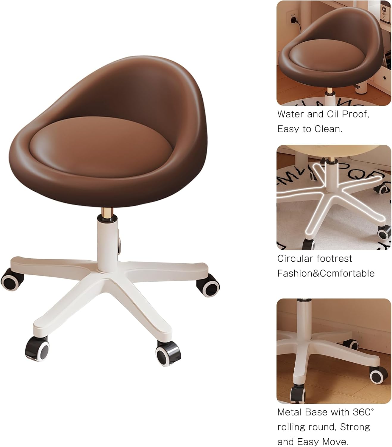 Rolling Stool Set of 3 Rolling Hydraulic Salon Stool with Low Backrest - Adjustable Swivel Chair for SPA, Shop, Salon, Massage, or Medical Office Brown