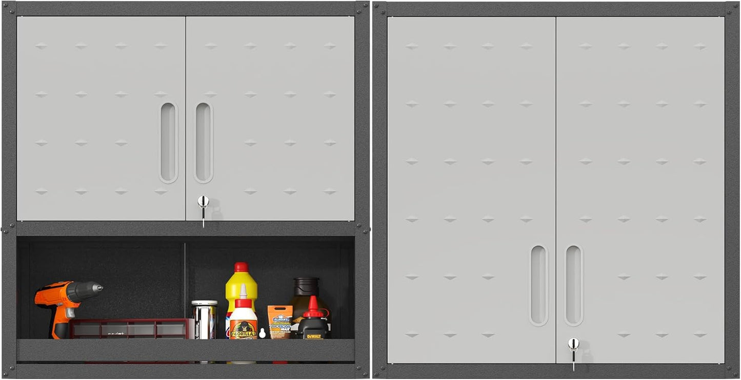 Metal Tool Cabinet,Garage Storage Cabinet System,Wall Cabinet & Locking Rolling Tool Cabinet with Doors and Adjustable Shelves,Steel Tool Cabinets for Home,Office (2 Pcs-StyleA, Black & Grey)