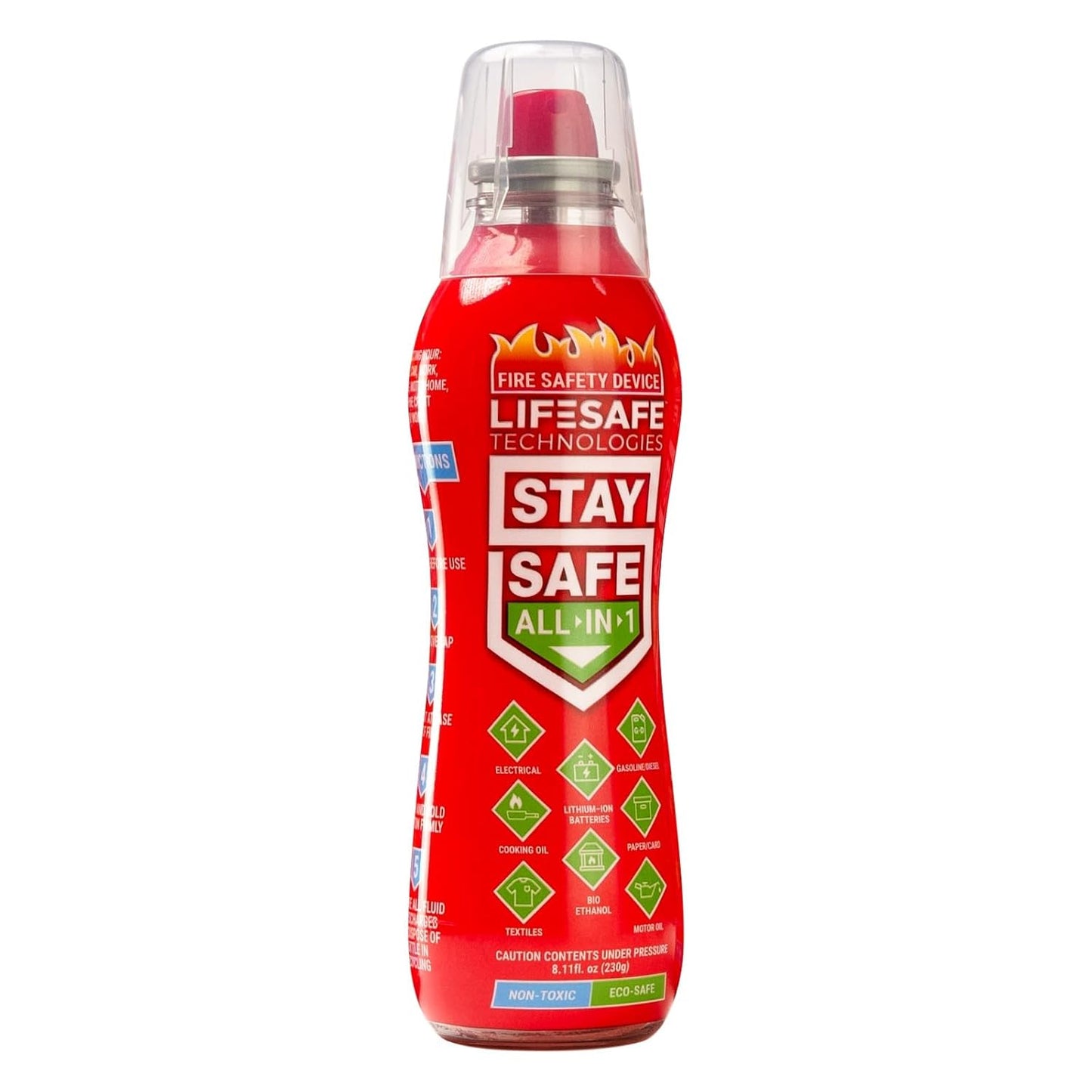 LifeSafe Technologies StaySafe All-in-1 Portable Fire Extinguisher, Compact Fire Spray Easy to use on 10 Types of Fires, Non-Toxic & Eco-Friendly