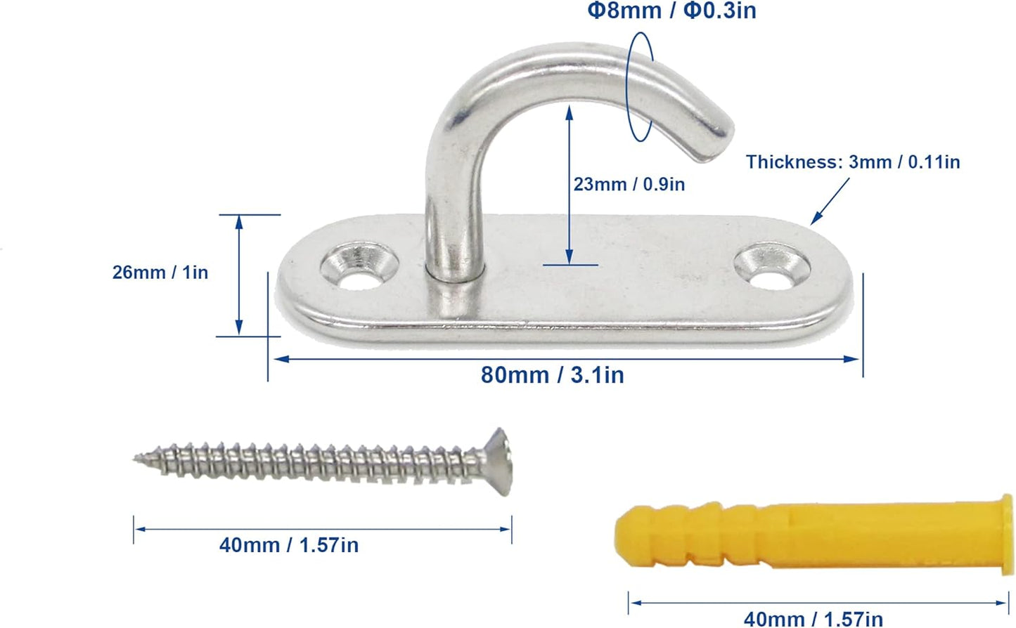 Stainless Steel Ceiling Hooks & Wall Hangers - Heavy Duty M8 Screw Mount, Rust-Proof Anchor Straps for Garage, Outdoor, Storage (4-Pack)