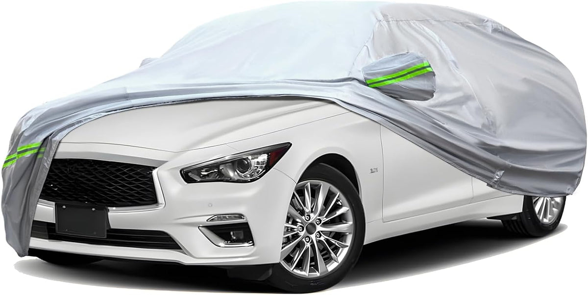 TUCAREST 6-Layers Premium Full Car Cover Hard Shell Zipper Design Waterproof All Weather Weatherproof UV Sun Protection Snow Dust Storm Resistant Outdoor with Straps (Fit for Sedan 178"- 189")