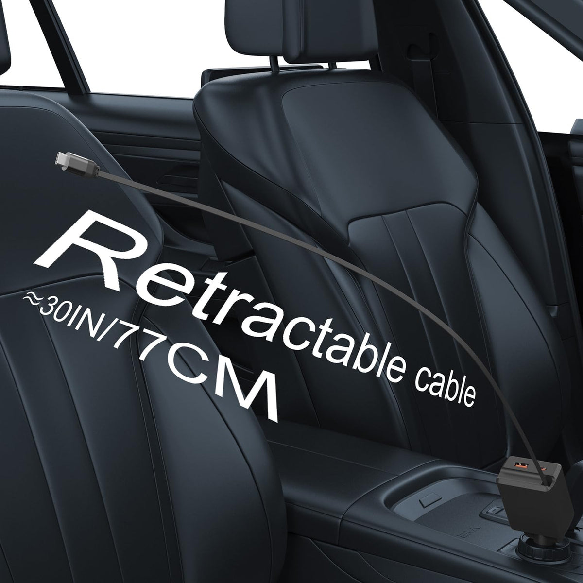 Retractable Car Charger, Total 75W Fast Charger 3 in 1 USB C Car Adapter, Retarctable Type C Cables (30 inch) and 2 USB Ports, Compatible with iPhone 16/15 Series, iPad, Galaxy, Pixel, Laptop and More