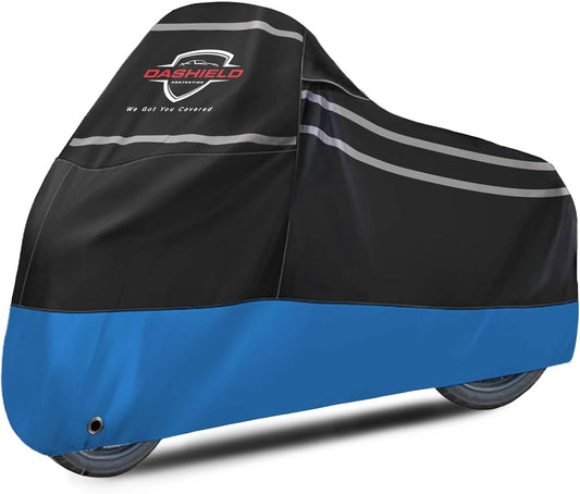 Ultimum Series Motorcycle Cover Waterproof All Weather Protection Universal Heavy Duty Night Reflector with Lock-Holes Compatible with Suzuki Harley Davidson Kawasaki Yamaha Honda Blue XXL