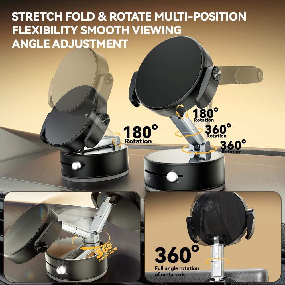 2025 Upgraded Foldable 2-in-1 Clip & Vacuum Magnetic Suction Car Phone Holder Mount, 360° Adjustable Universal Dashboard & Windshield Stand for iPhone 16/15/14/13/12 & Android Phones (Black)